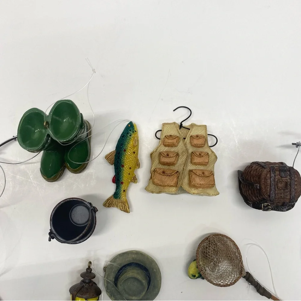 Fishing Miniature Set of 10 Christmas Tree Ornaments boots rods & accessories